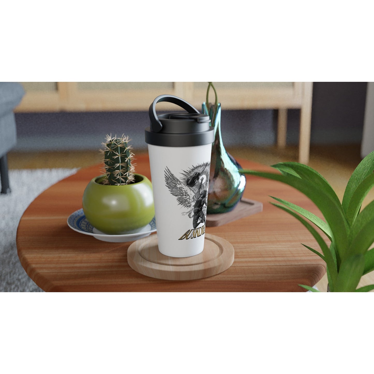 White 444 ml Stainless Steel Travel Mug Cup - Print Material - BuskDiego