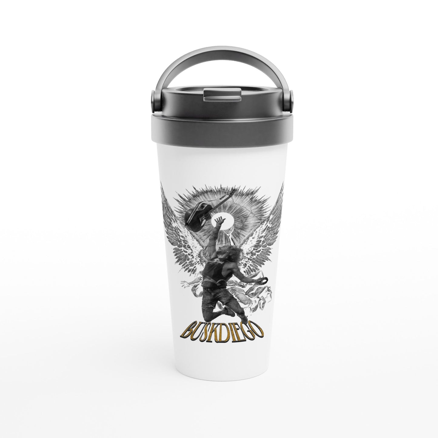 White 444 ml Stainless Steel Travel Mug Cup - Print Material - BuskDiego