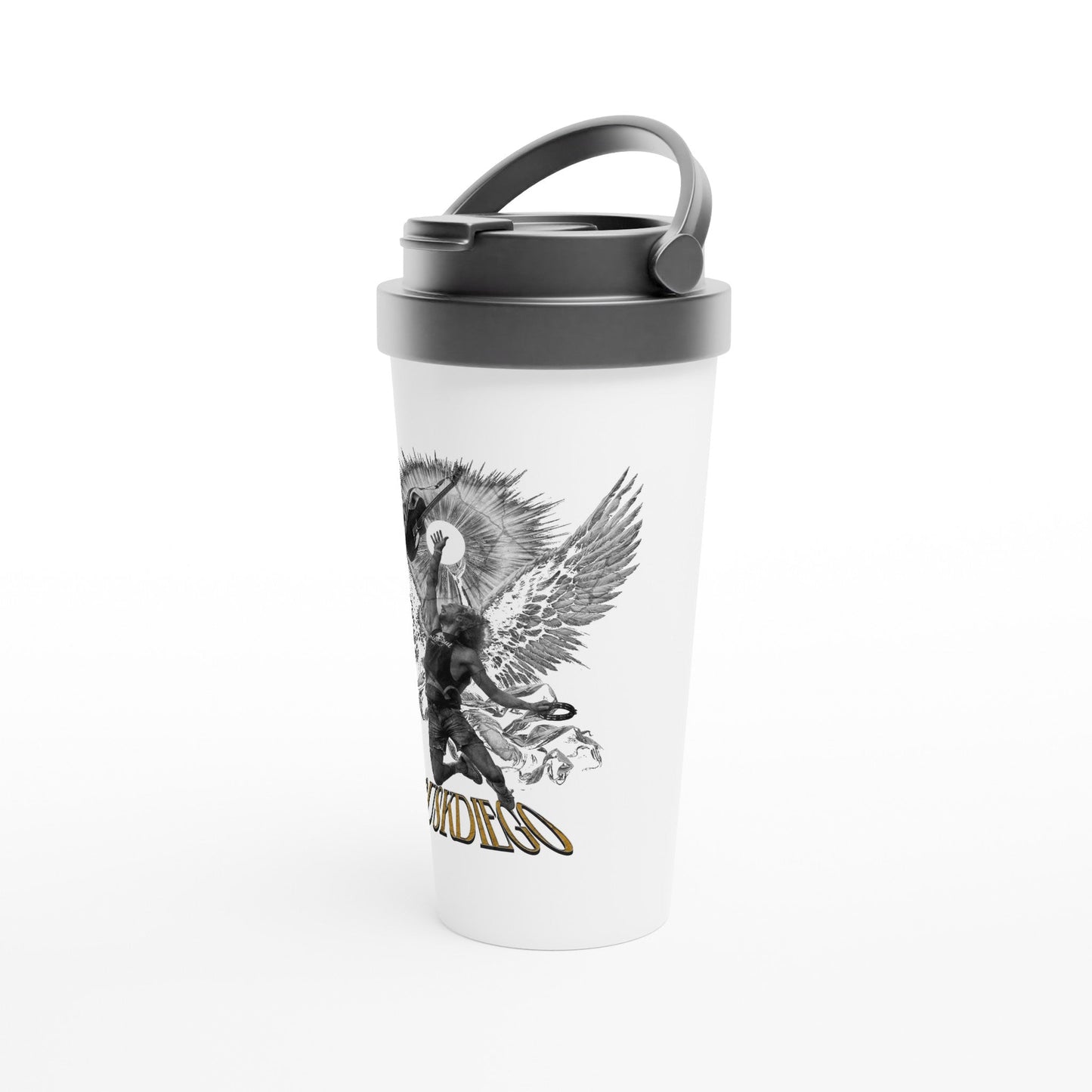 White 444 ml Stainless Steel Travel Mug Cup - Print Material - BuskDiego